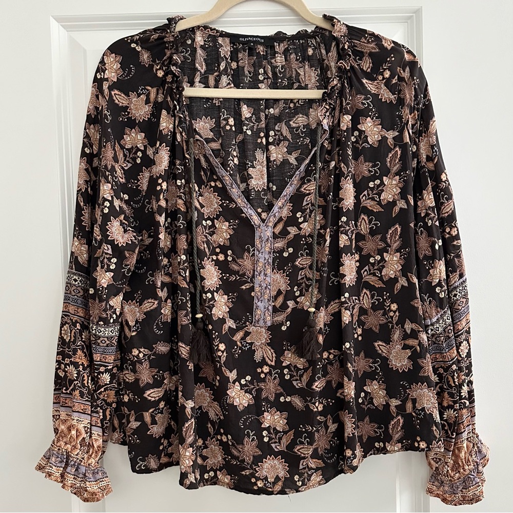 Fall Floral & Paisley Print Black & Tan Boho Peasant Blouse